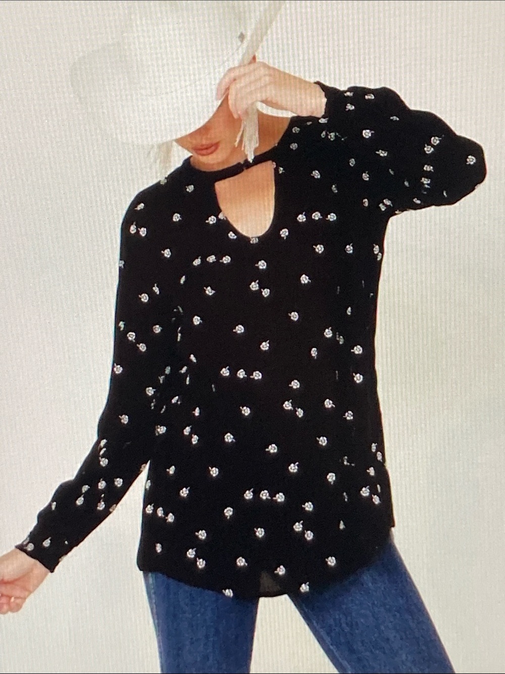 Shyanne Black Long Sleeve Keyhole Tunic with White Floral Dots